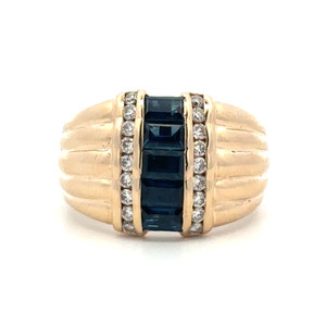 14K Gold Baguette-Cut Sapphires in a Channel Setting with Bilateral Diamond Accent Channels Cigar Band Ring Size 7.25
