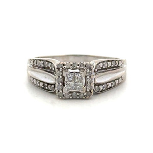 10K White Gold Diamond Quad-Square in a Diamond Square Halo with a Diamond Accented Band Wrap Ring Size 8