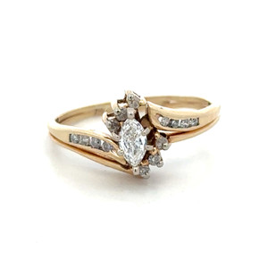 14K Gold Central Diamond Marquise with Bilateral Triple Diamond Accents in a Diamond Accented Channel-Set Bypass Double Band Ring Size 8