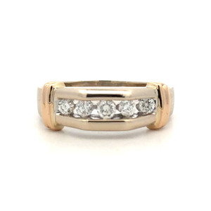 14K Gold Geometric 5-Diamonds in a Channel-Setting with Bilateral Yellow Gold Double Bands Ring Size 12