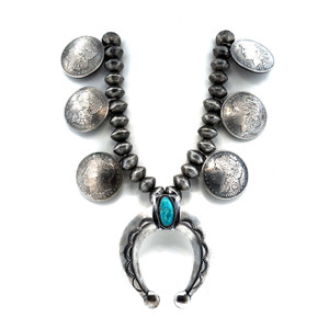 Old Pawn Silver Coin Turquoise Naja Crescent Pendent Squash Blossom Necklace