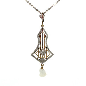Vintage 14K White and Yellow Gold Two Tone Diamond and Pearl Art Deco Lavalier Necklace 18"
