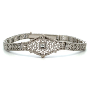 Vintage 10K White Gold Diamond Filigree Flower Bracelet Approx. 7"