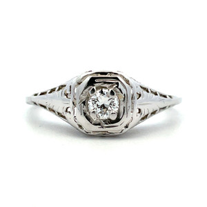 Vintage 14K White Gold Filigree Side Detail App .15ct Diamond Solitaire Engagement Ring Size 6.25