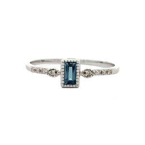 14K White Gold .21tw London Blue Topaz Rectangle with .04tw Bilateral Diamond Marquise and Diamond Circle Accents Ring Size 7