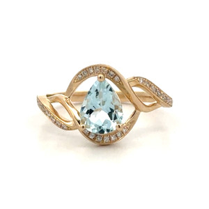14K Gold 1.09tw Aquamarine Teardrop with .13tw Diamond Accented Triple-Bypass Wave Ring Size 6.75