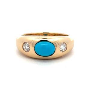14K Gold .90tw Turquoise Cabochon with .29tw Bilateral Diamonds in a Chunky Band Ring Size 6.75
