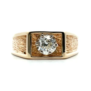 14K Yellow Gold Hammered Design Raised Cage Halo App .60ct Round Diamond European Shank Mens Wedding Band Size 11.5