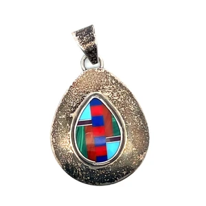 Sterling Silver Multi Stone Mosaic inlay Navajo Pendent
