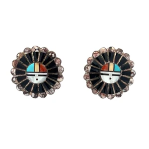 Sterling Silver Multi Stone South Western Style Vintage Zuni Sun Face Inlay Earrings