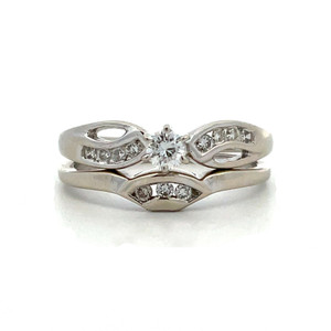 14K White Gold Central Diamond in a Diamond Channel-Setting Bypass and a Lower 3-Circle in a Channel-Setting Wedding Band Set Ring Size 6.25