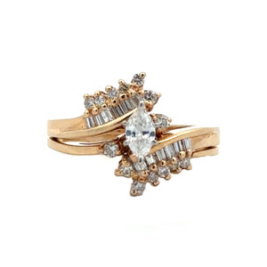 14K Yellow Gold App .20ct Marquise Diamond Accented Baguettes Round Bypass Band Wedding Ring Set Size 5