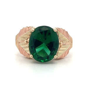 14K Black Hills Gold Created Emerald Oval with Bilateral Multi-Colored Etched Leaves Band Ring Size 7