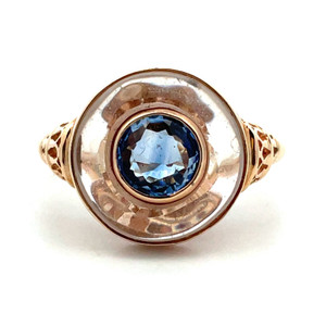 Vintage 14K Yellow Gold Round Sapphire with Glass Ring Setting Ring Size 5.5
