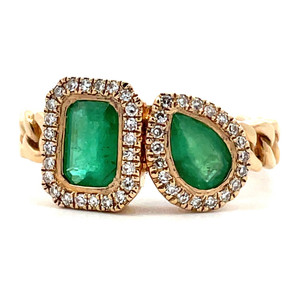 14K Yellow Gold Emerald and Pear Cut Emeralds with 0.125cttw Diamond Accents Toi et Moi Ring Size 5.75