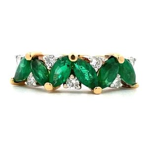 14K Yellow Gold 6 Marquise Emeralds with 0.25cttw Round Diamond Accents Band Ring Size 6