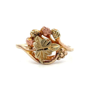 10K Black Hills Gold with Central Green Leaf and Multi-Colored Leaf Half-Halo with Grape Accent Ring Size 7.5