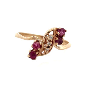 10K Gold Alternating Stacked Ruby Bezels and Diamond Bezel Accents in an S-Shaped Mount Bypass Ring Size 7
