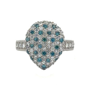 Platinum 900 .21tw Blue Diamonds and 1.23tw White Diamond Encrusted Teardrop-Shaped Ring Size 6