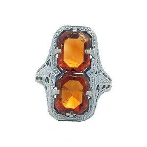 14K White Gold Double Orange Glass "Toi Et Moi" Stacked Flat-Topped Ovals in a Filigree-Setting Ring Size 3.5