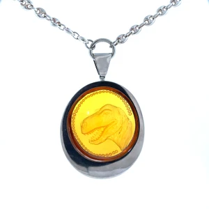 Sterling Silver Amber Dinosaur Reverse Intaglio Pendant Necklace
