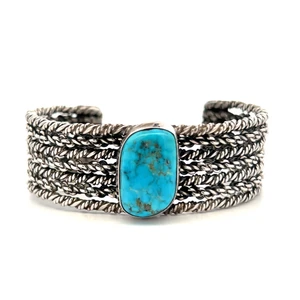 Sterling Silver Turquoise Seven Herringbone Band Vintage Navajo Style Cuff