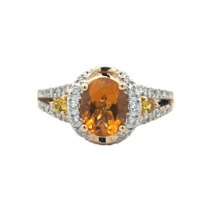 14K Gold Citrine Oval with a Diamond Half-Halo with Bilateral Citrine Accents and Diamond Accented in a White Gold Setting Double Band Ring Size 8.25