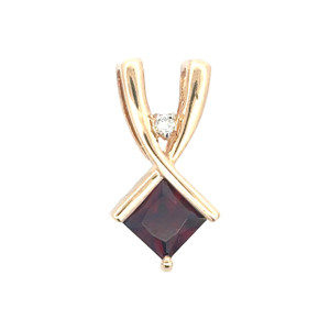 14K Gold Garnet Square with a Diamond Bezel Accent on a Modern Cross-Over Slider Pendant
