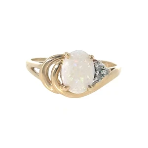 14K Gold Side Loops with a Fire Opal Oval and 3-Diamond Bezels into Triangle Accent Ring Size 9