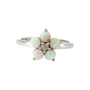 14K White Gold Opal 5-Petal Flower with .01ct Diamond Bezels Center Ring Size 6.75