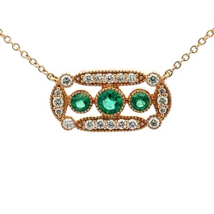 14K Gold Trilogy of .48tw Emerald Circles Surrounded with an Art Deco .35tw Diamond Halo Stationary Pendant 18" Chain Necklace