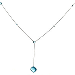 10K White Gold 2.25tw Blue Topaz Square Y- Drop Station with 5- Blue Topaz Pendant 17" Chain Necklace