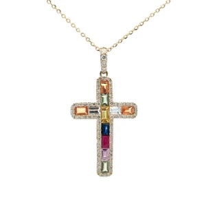 14K Gold 1.19tw Multi-Gem Surrounded by .30tw Diamond Accented Cross Pendant 18" Adjustable Chain Necklace