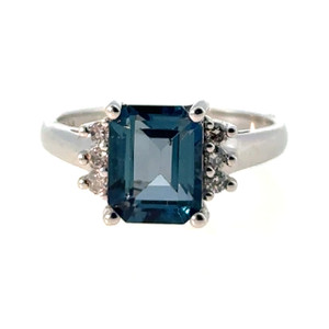 10K White Gold 2.40tw London Blue Topaz Rectangle with Bilateral 3-Circle Stacked .11tw Diamond Ring Size 6.75