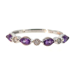 10K White Gold Alternating Marquise-Cut Amethyst and Diamond Accents Ring Size 7