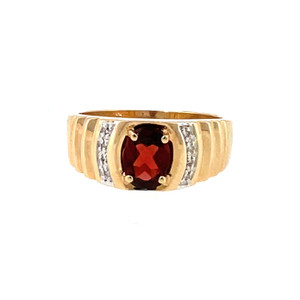 10K Gold Central Garnet Oval with  Bilateral Diamond Accents Chunky Bridge-Setting Ring Size 9.5