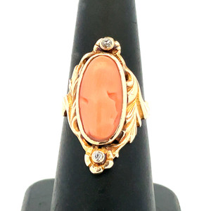 10K Gold Angel Skin Coral Oval and Double Diamond Accents in an Art Nouveau Setting Ring Size 6