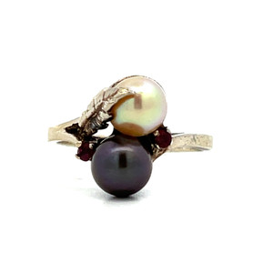 Sterling Silver Double Pearl With Ruby Accents Fashion Ring Size 7