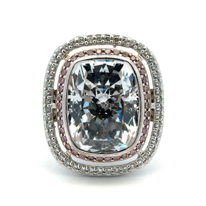 Sterling Silver Cushion Cut CZ Double Halo Statement Ring with a Pave Band Ring Size 8