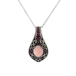 Sterling Silver Pink Agate Round Cut With Ruby Accents Vintage Inspired Necklace