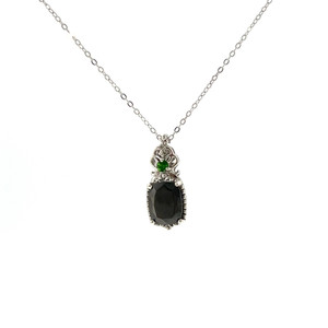 Sterling Silver Black Onyx Cushion Cut With Emerald Accent Vintage Inspired Necklace