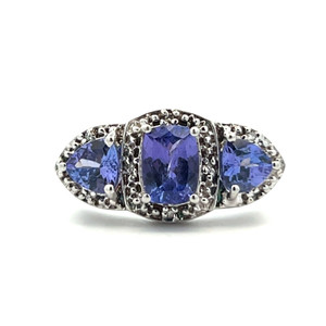 Sterling Silver Tanzanite Emerald And Trillion Cut Three Stone With A Diamond Cut Halo Fashion Ring Size 7