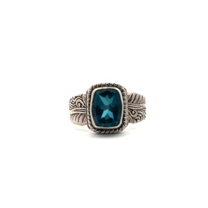 Sterling Silver Blue Topaz Emerald Cut Bezel Set Carved Design Fashion Ring Size 8
