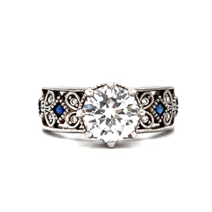 Sterling Silver CZ Round Cut With Blue CZ Accents Vintage Inspired Art Deco Fashion Ring Size 8