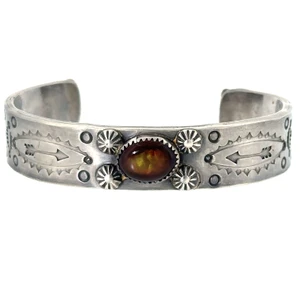 Vintage Navajo Sterling Silver Fire Agate Stamped Cuff - Signed JRF