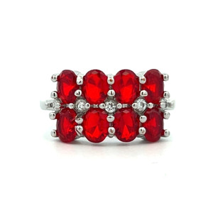 Sterling Silver Red CZ Oval Cut Eight Stone Cluster Ring With White CZ Round Cut Accents Fashion Ring Size 8