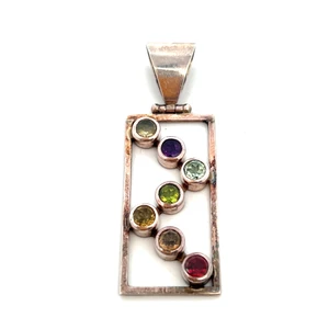 Sterling Silver Multi Semi Precious Gemstone Bezel Set Rectangular Pendent