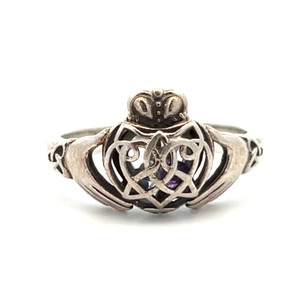 Sterling Silver Amethyst Caged Heart Claddagh Ring Size 9.5