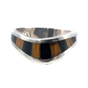 Vintage Sterling Silver Mexican Tiger's Eye Onyx Inlay Interlocking Bangle Bracelet