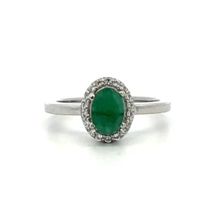 Sterling Silver Oval Cut Emerald With A CZ Halo Fashion Ring Size 6